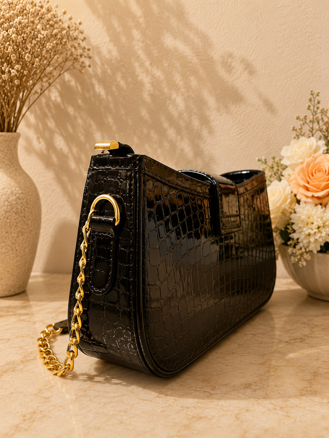 YSL-Style Croc-Embossed Shoulder Bag