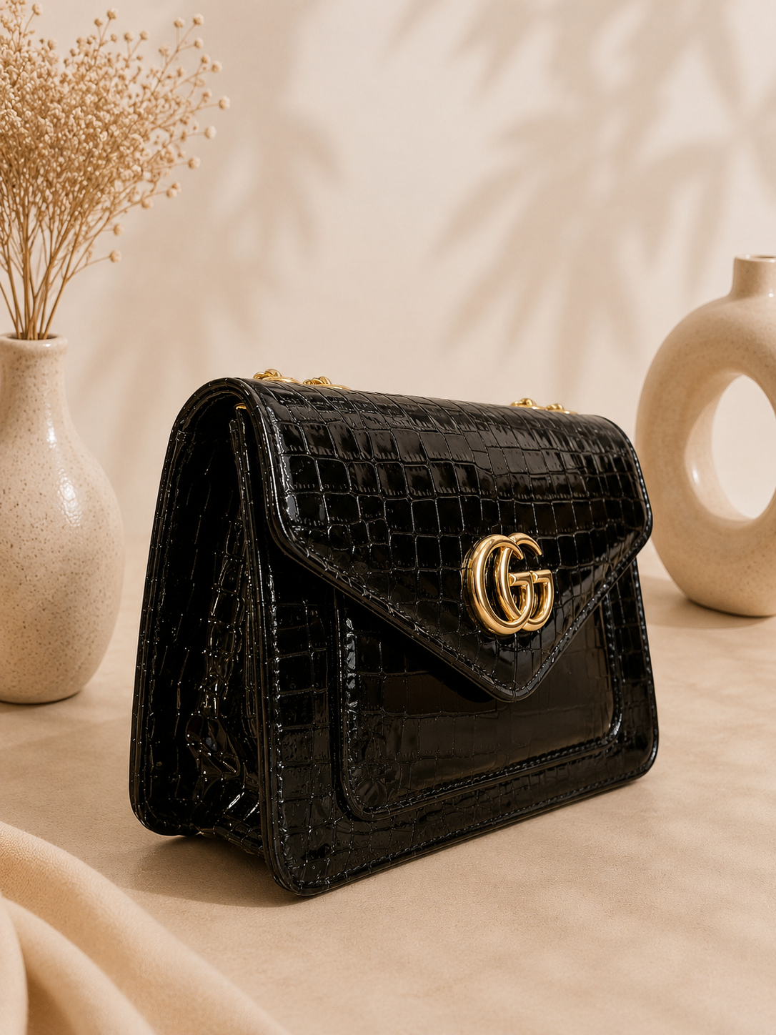 Luxury GG-Style Shoulder Bag–High-Shine Croc Finish