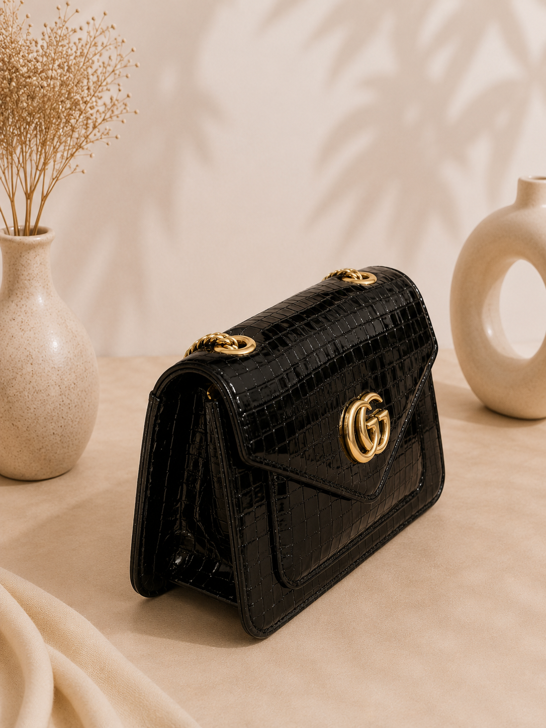 Luxury GG-Style Shoulder Bag–High-Shine Croc Finish