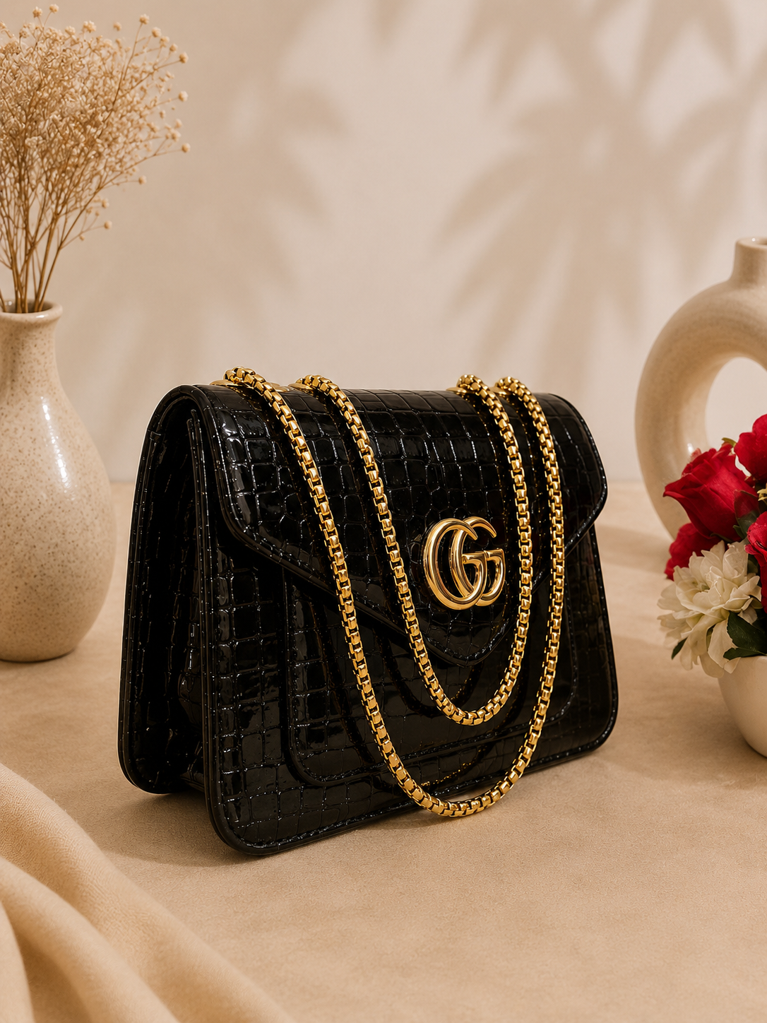 Luxury GG-Style Shoulder Bag–High-Shine Croc Finish