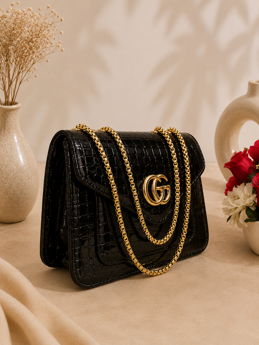 Luxury GG-Style Shoulder Bag–High-Shine Croc Finish