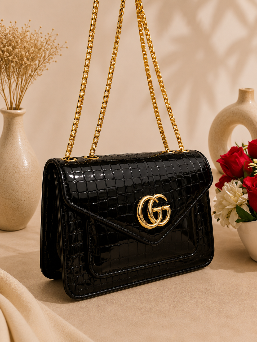 Luxury GG-Style Shoulder Bag–High-Shine Croc Finish