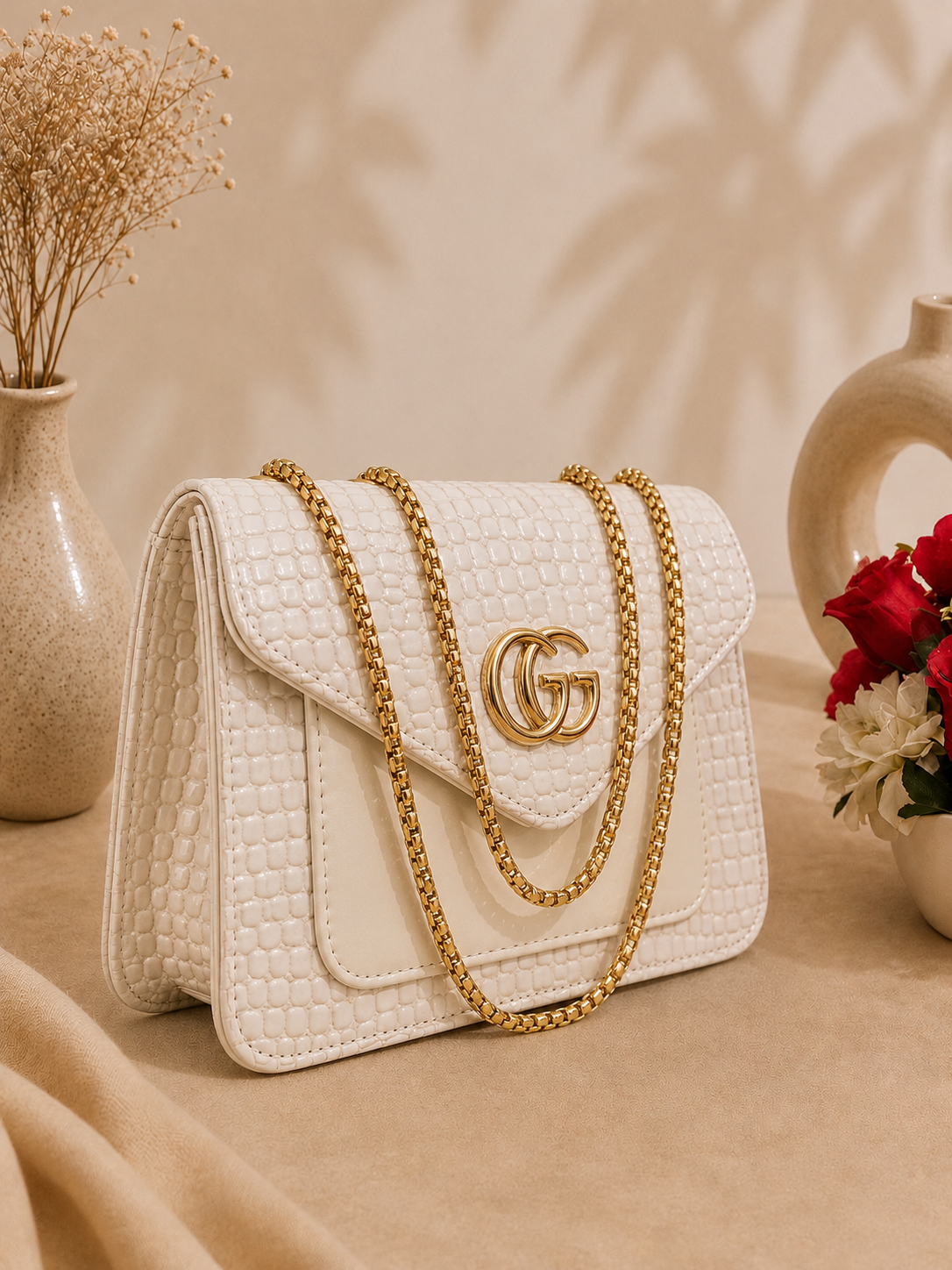 Luxury GG-Style Shoulder Bag–High-Shine Croc Finish