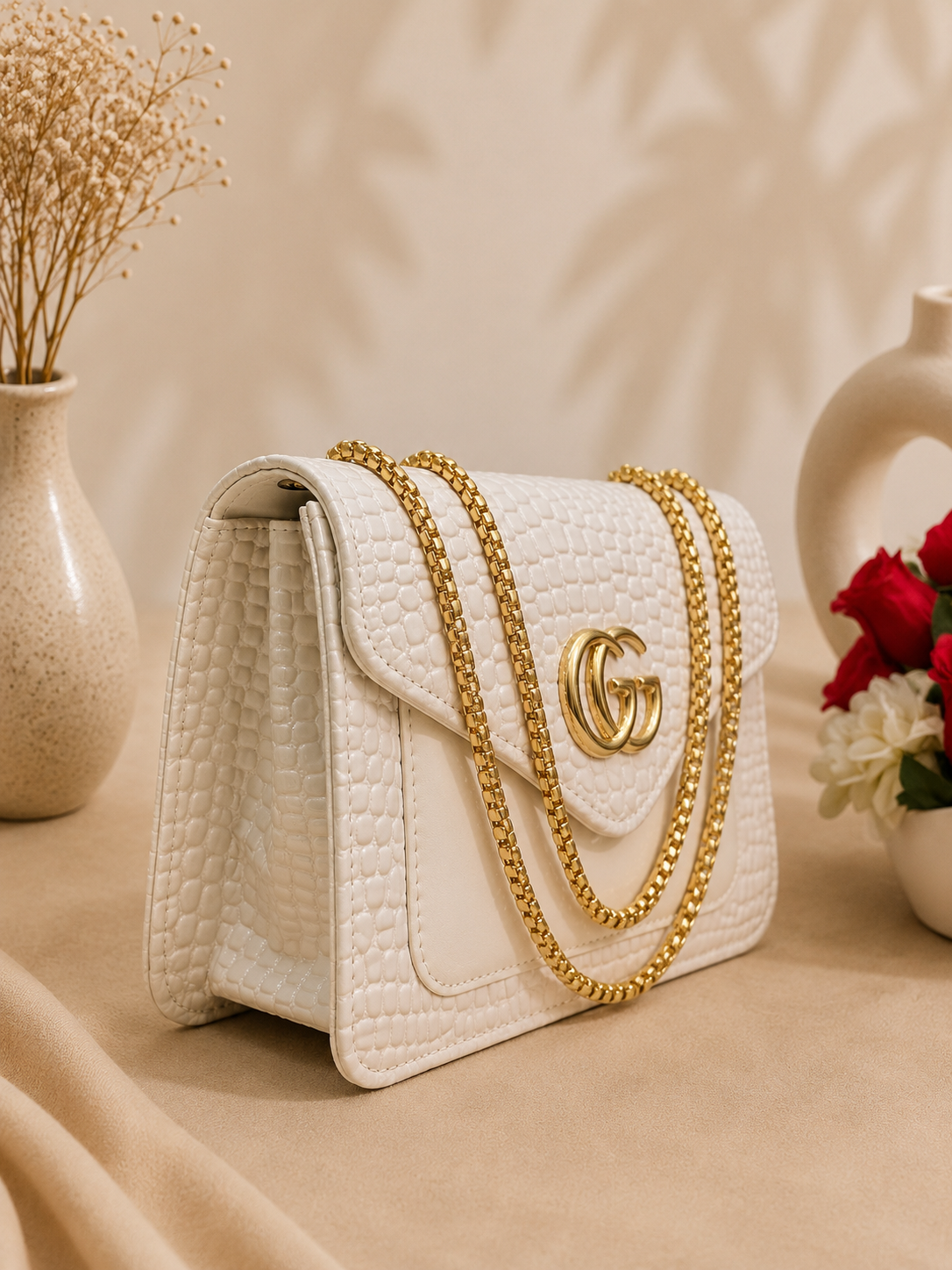 Luxury GG-Style Shoulder Bag–High-Shine Croc Finish
