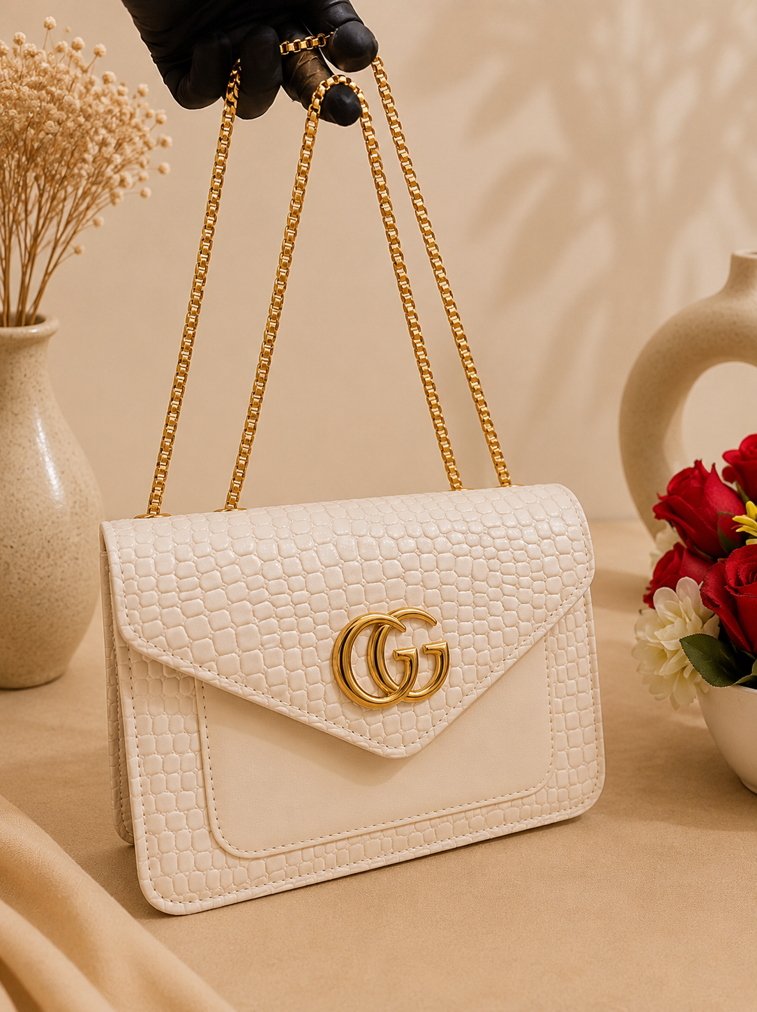 Luxury GG-Style Shoulder Bag–High-Shine Croc Finish