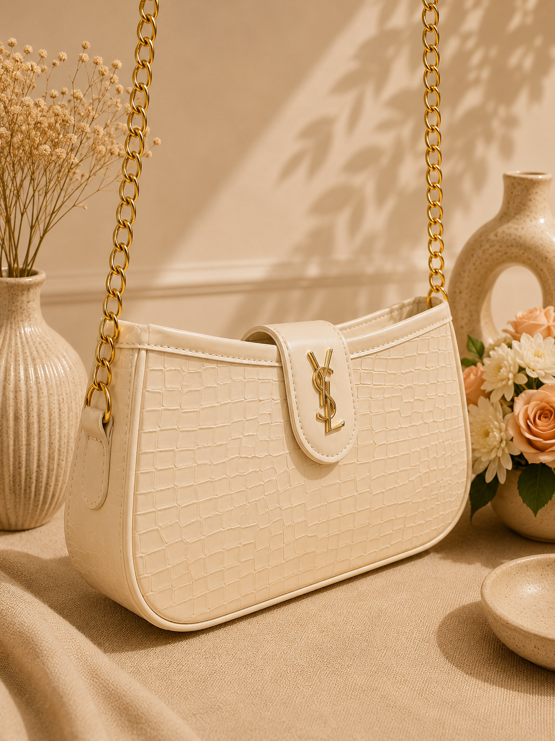 YSL-Style Croc-Embossed Shoulder Bag