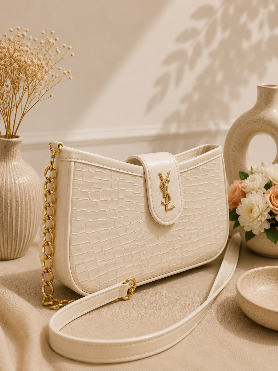YSL-Style Croc-Embossed Shoulder Bag