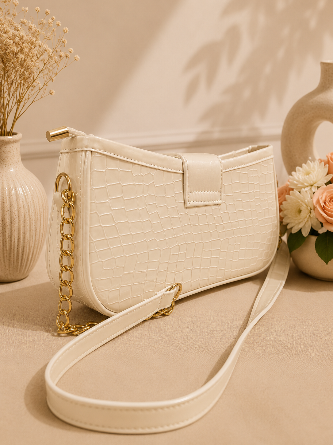 YSL-Style Croc-Embossed Shoulder Bag