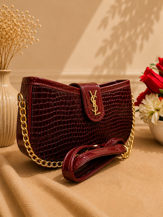 YSL-Style Croc-Embossed Shoulder Bag