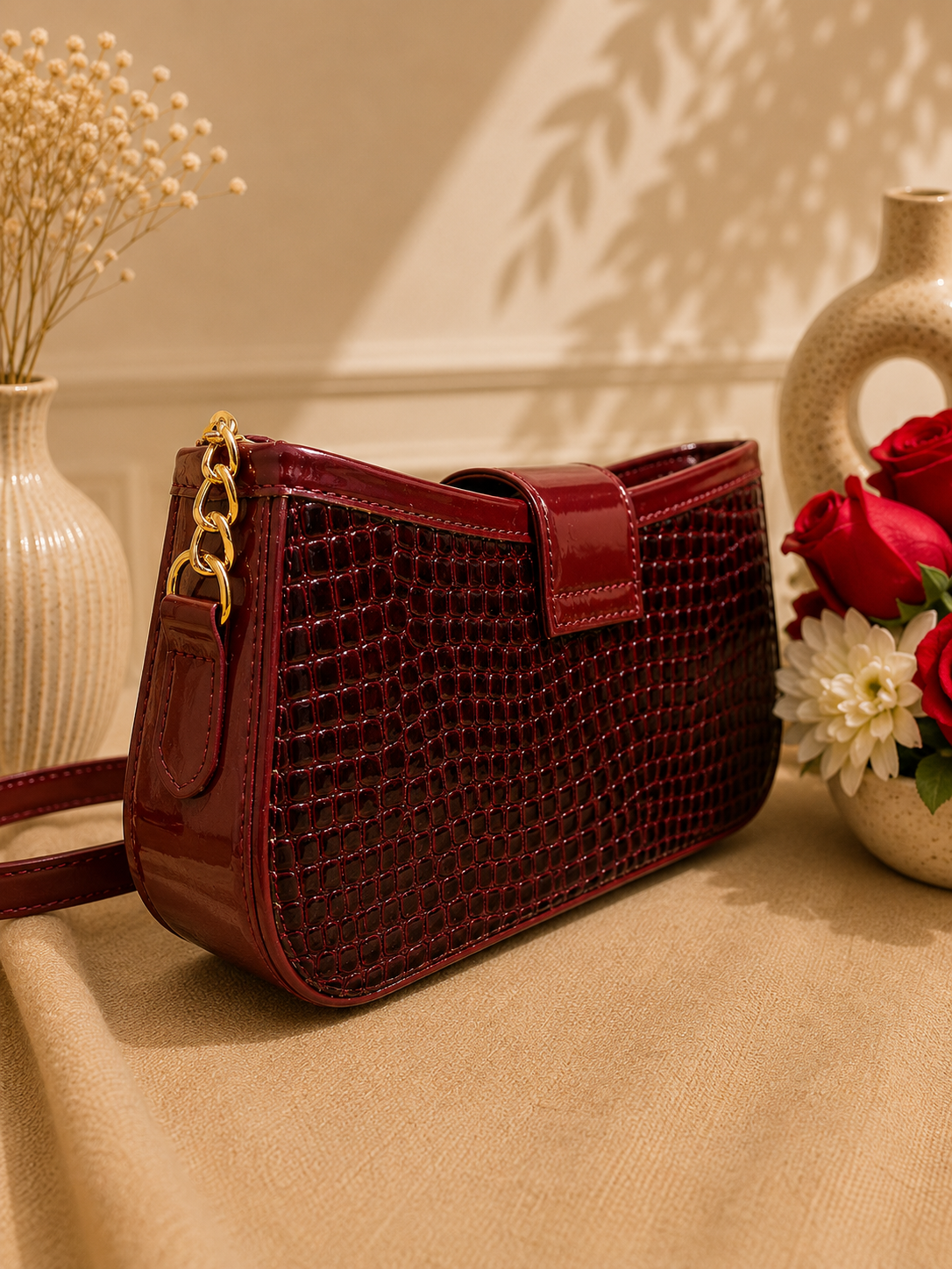 YSL-Style Croc-Embossed Shoulder Bag