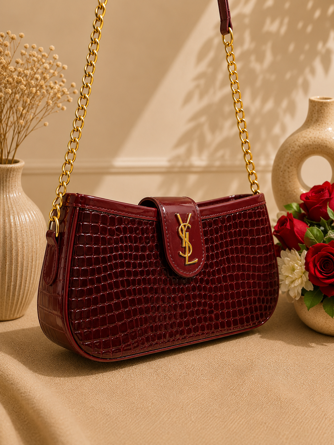 YSL-Style Croc-Embossed Shoulder Bag