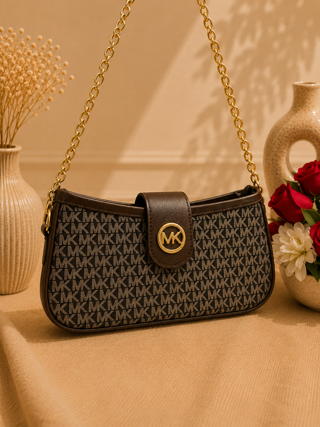 MK Style Shoulder Bag with Metallic Chain Accent
