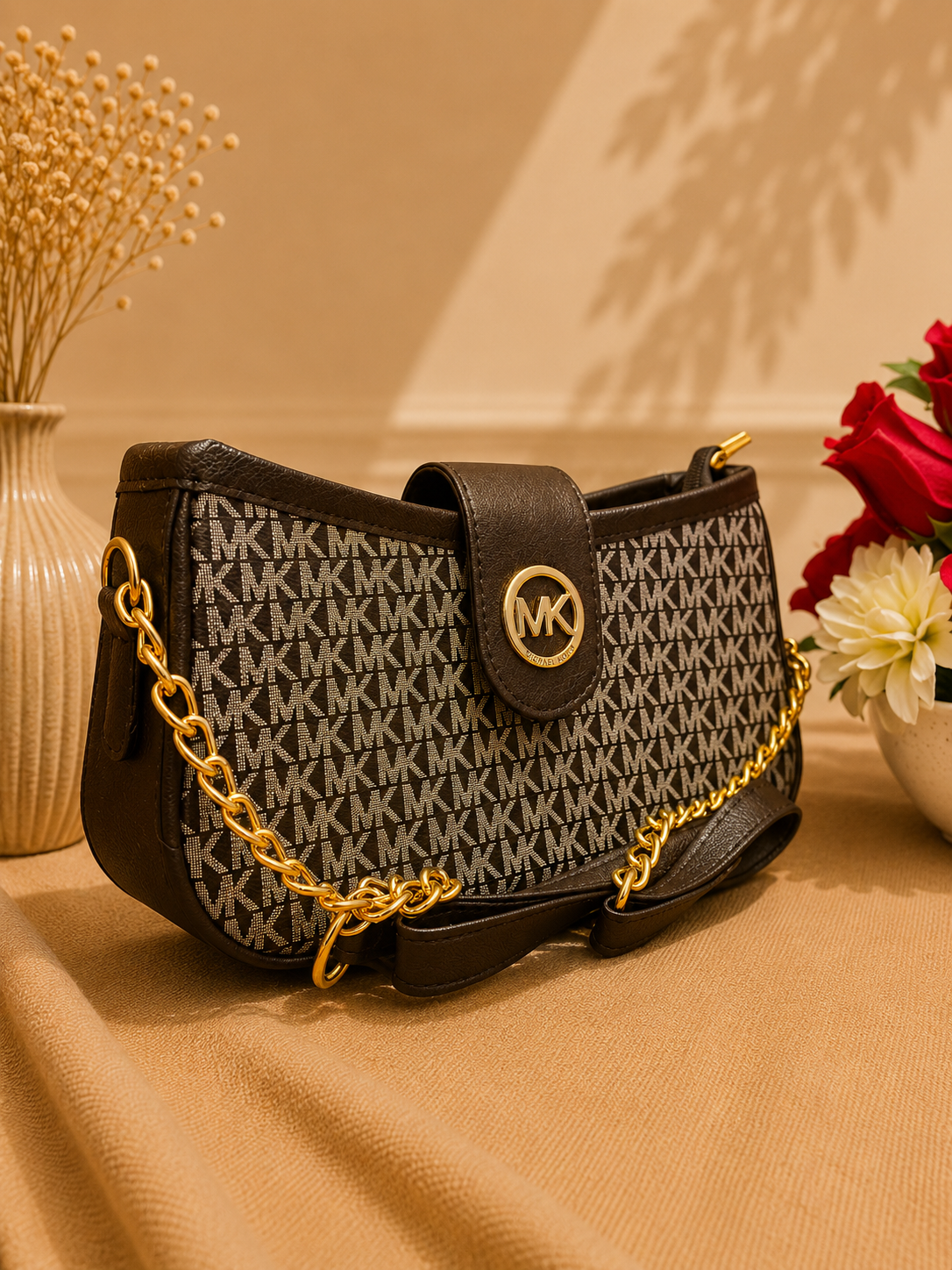 MK Style Shoulder Bag with Metallic Chain Accent