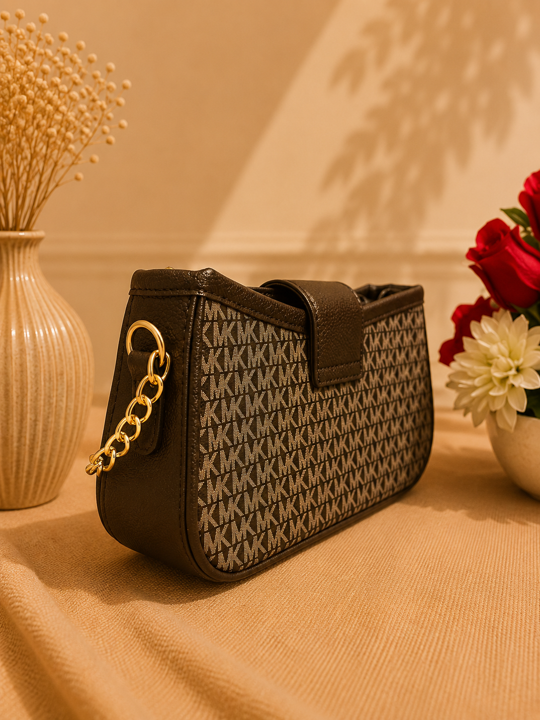 MK Style Shoulder Bag with Metallic Chain Accent