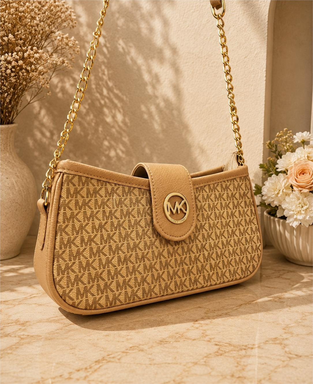 MK Style Shoulder Bag with Metallic Chain Accent