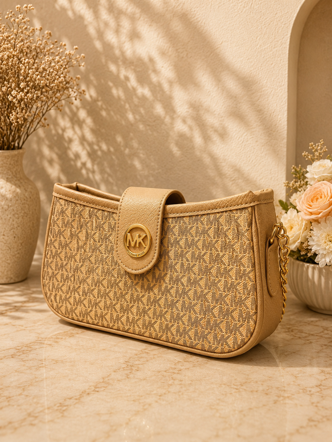 MK Style Shoulder Bag with Metallic Chain Accent