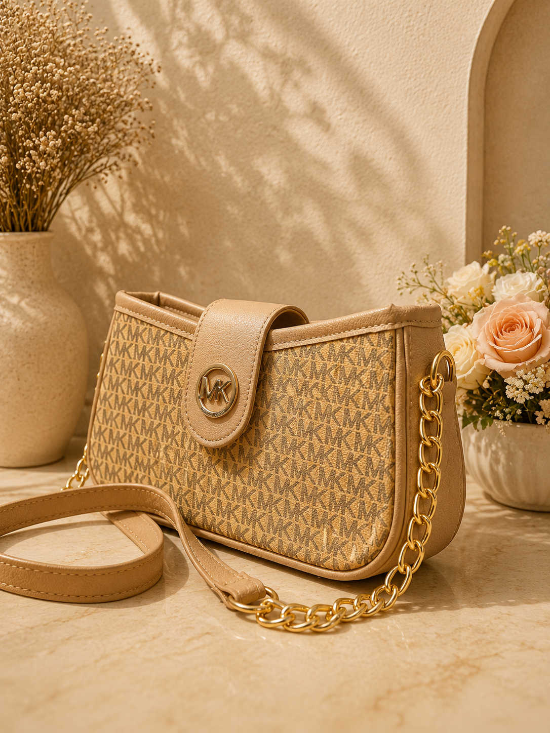 MK Style Shoulder Bag with Metallic Chain Accent