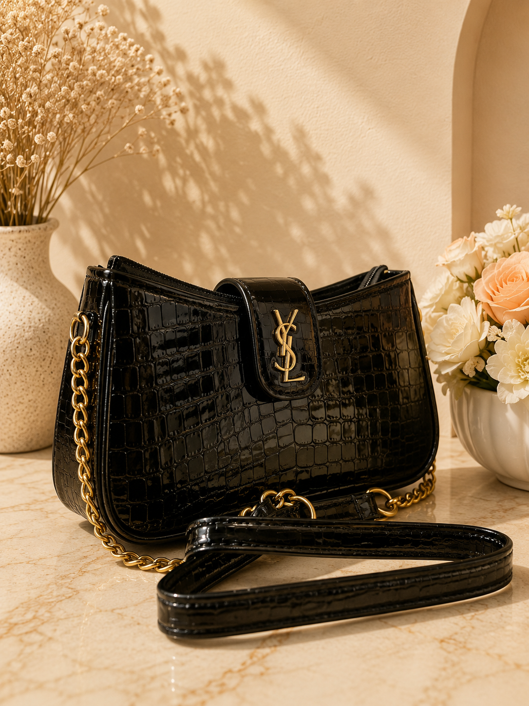 YSL-Style Croc-Embossed Shoulder Bag