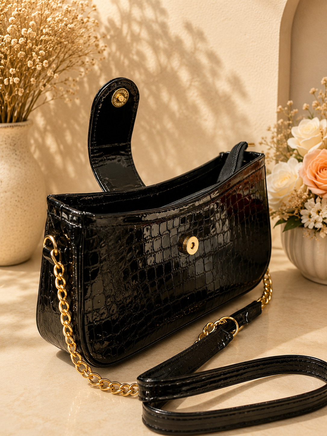 YSL-Style Croc-Embossed Shoulder Bag