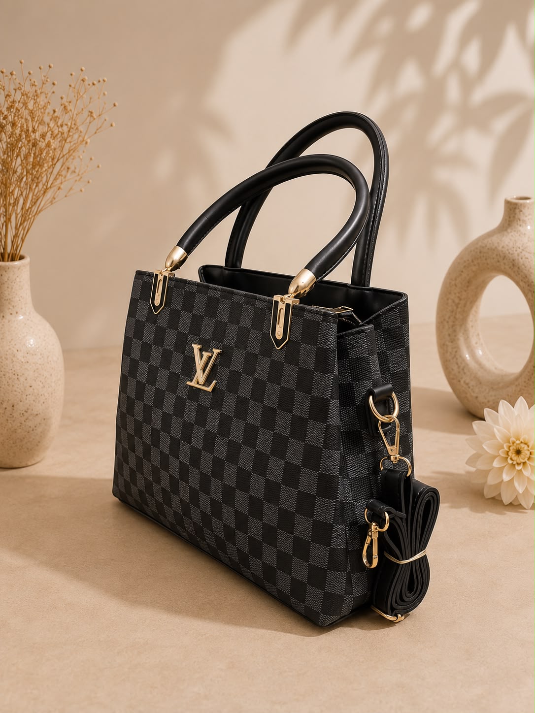 LV-Style Damier Check Top-Handle Handbag