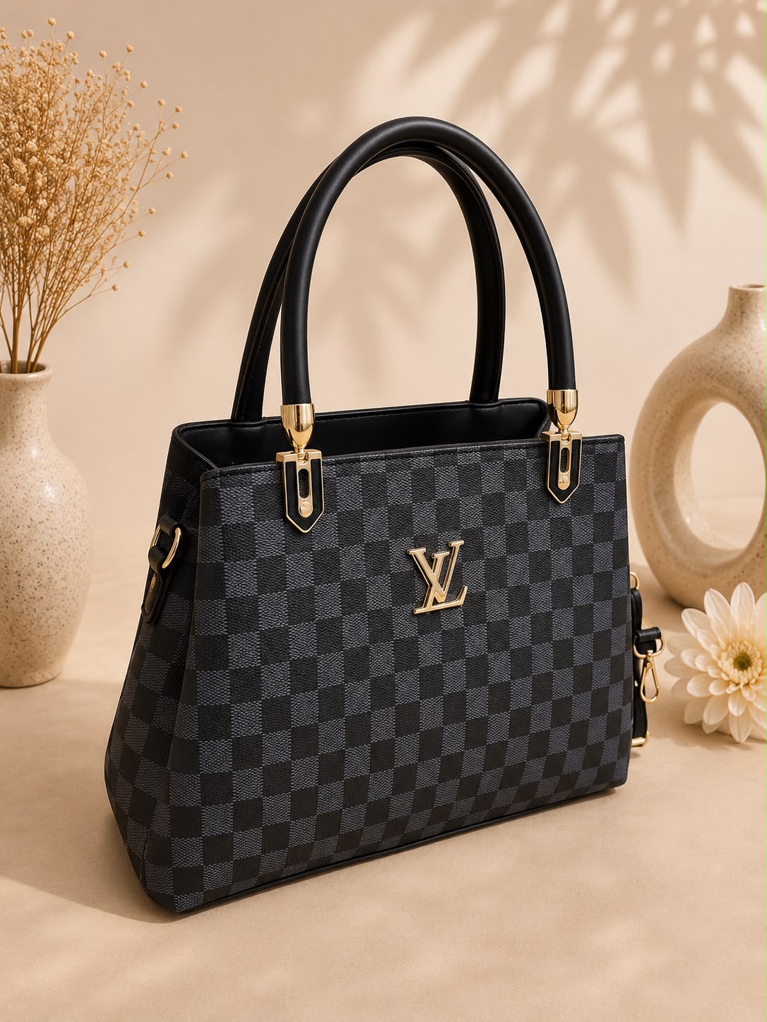 LV-Style Damier Check Top-Handle Handbag