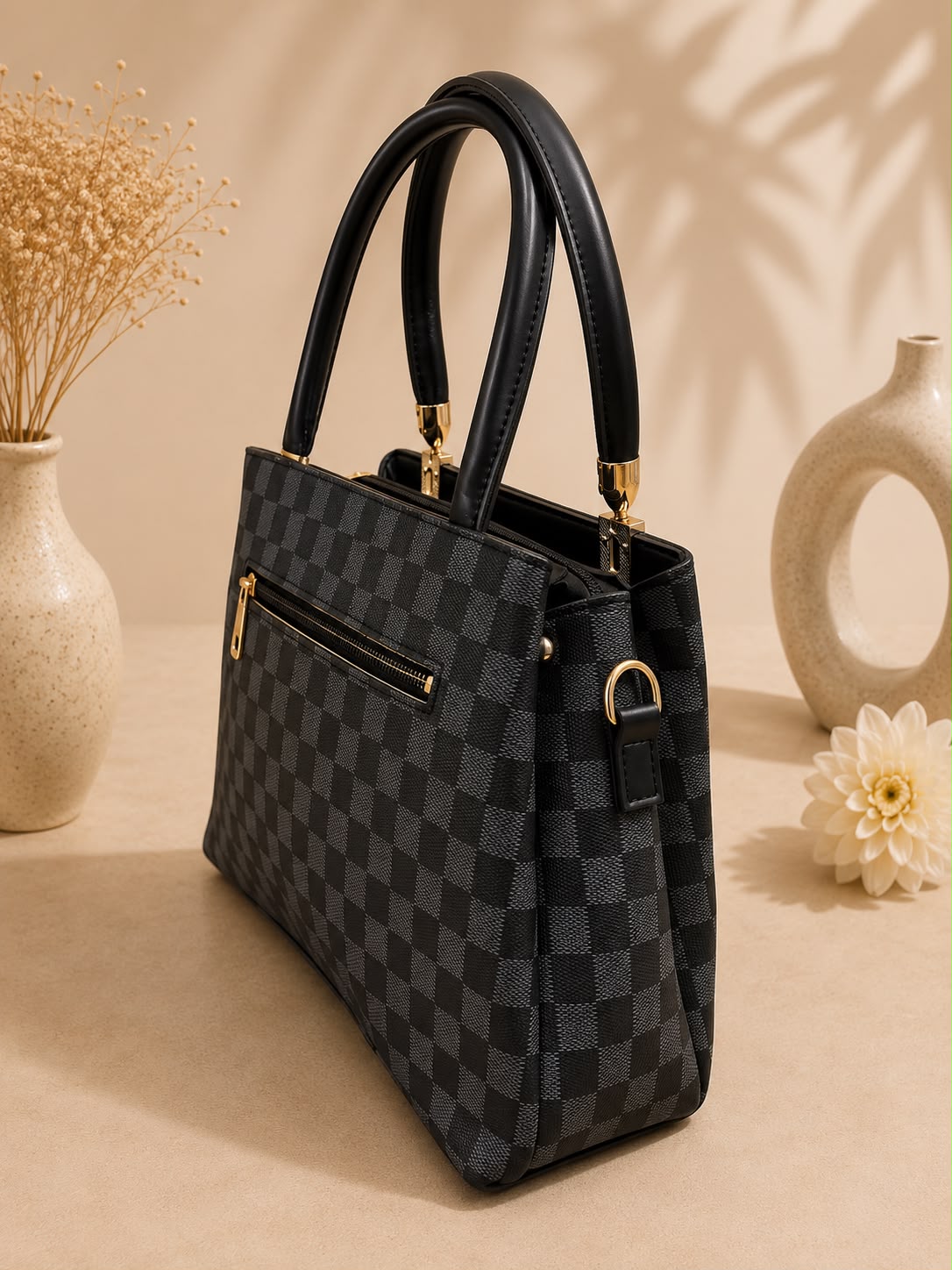 LV-Style Damier Check Top-Handle Handbag