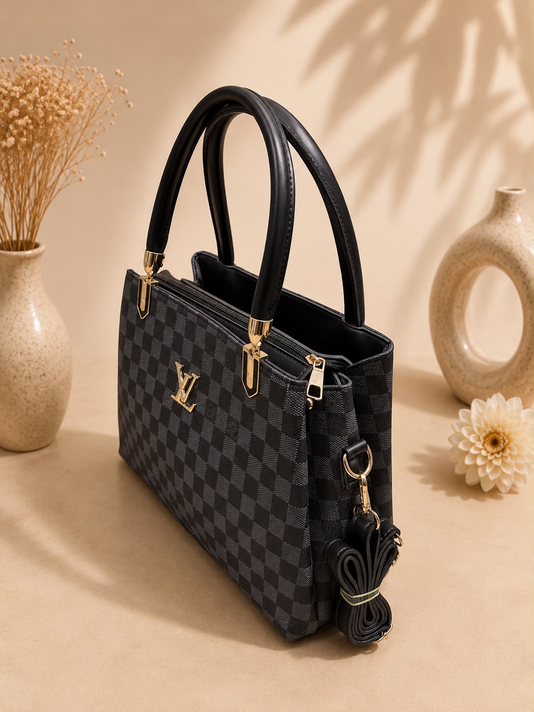 LV-Style Damier Check Top-Handle Handbag
