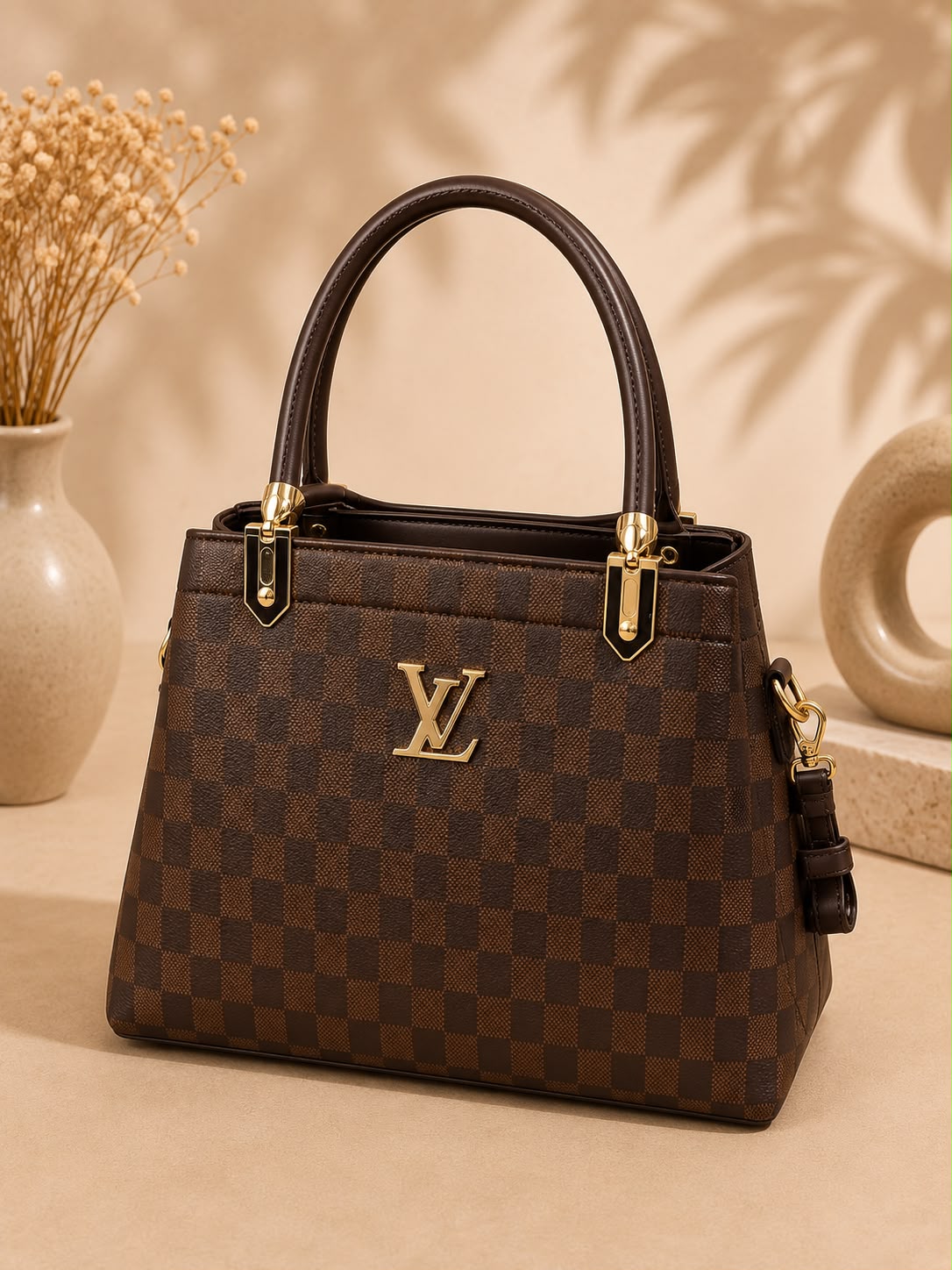 LV-Style Damier Check Top-Handle Handbag
