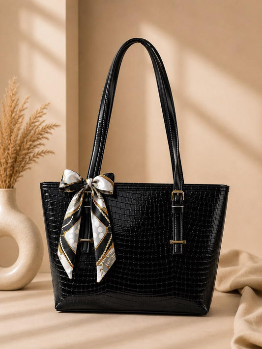 Croc-Embossed Tote Bag with Ribbon Scarf