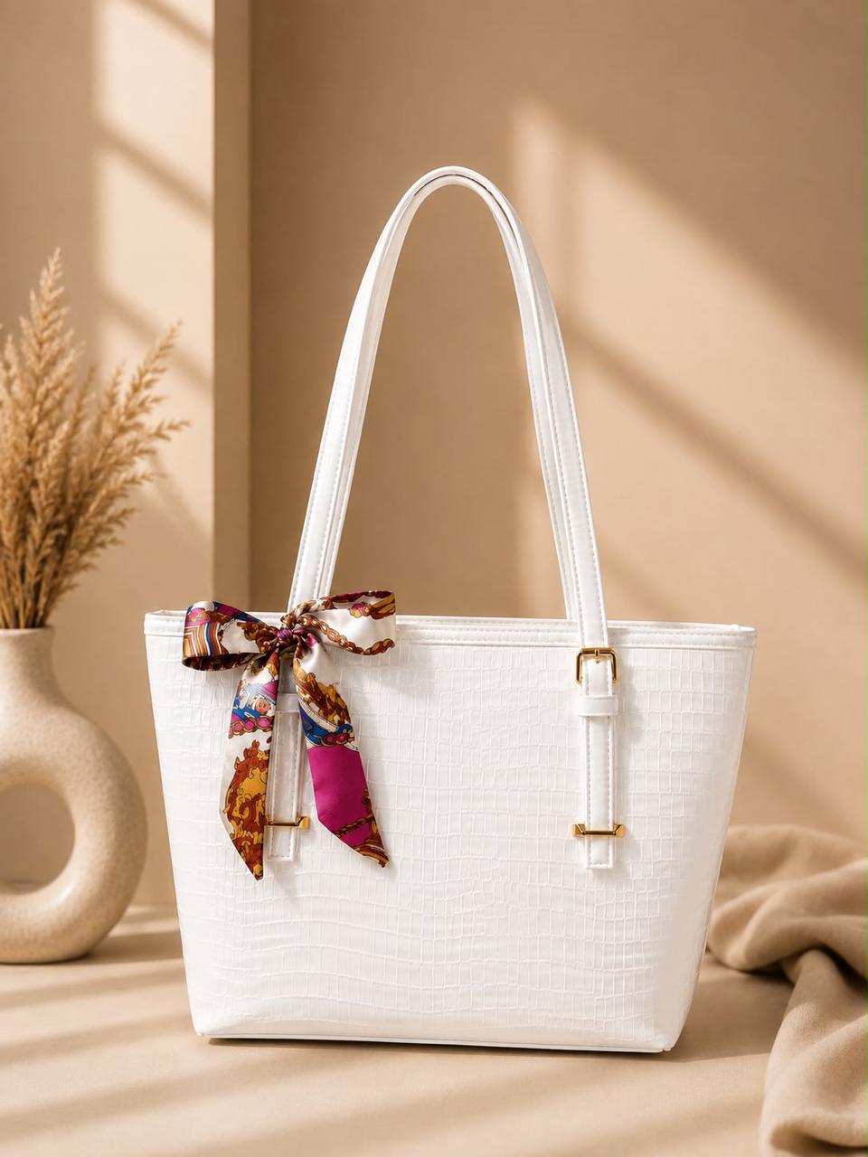 Croc-Embossed Tote Bag with Ribbon Scarf