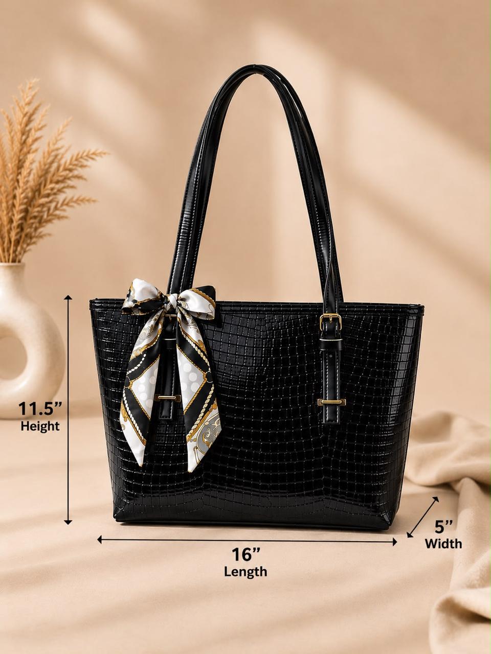 Croc-Embossed Tote Bag with Ribbon Scarf